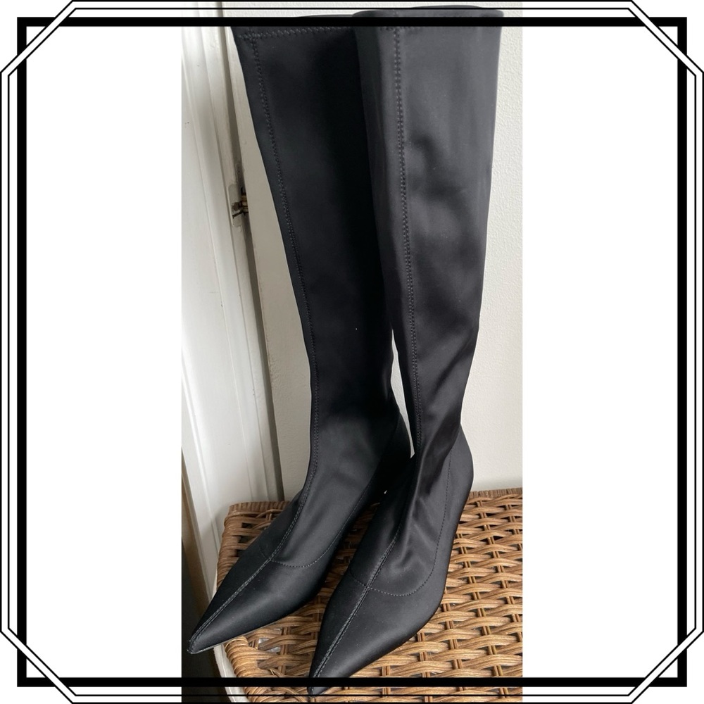 Zara Stretch Heavy Satin, Knee High, Kitten Heel Boot